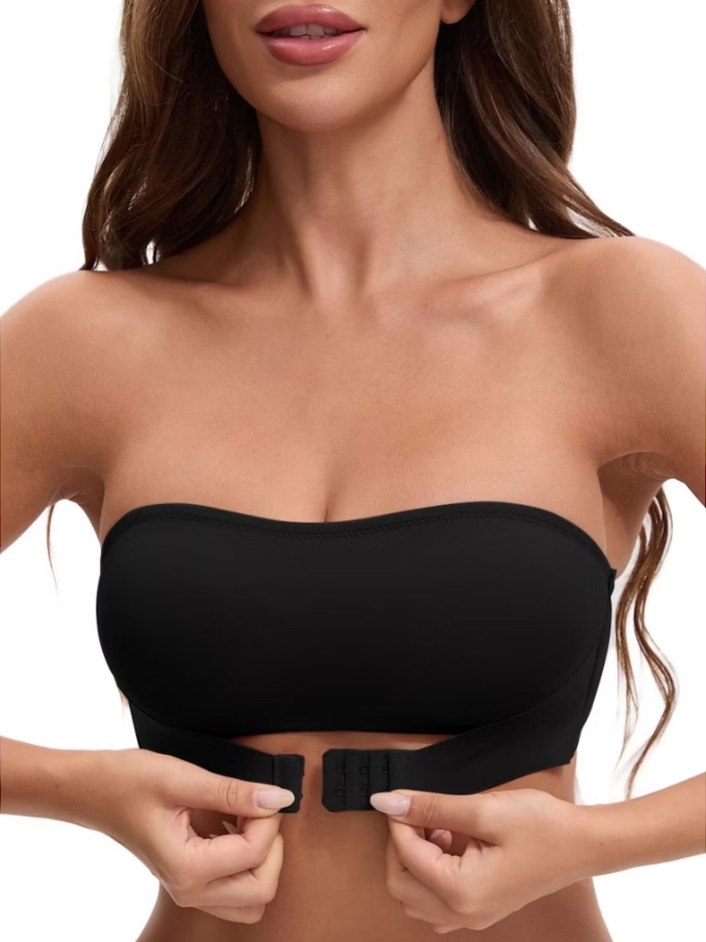 Front-Closure Non-Slip Strapless Bra, Black, Size SMALL